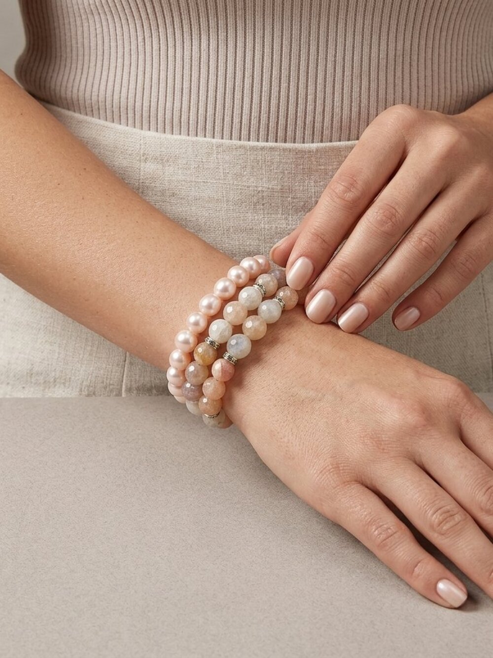 Dainty Stretch Bracelet Set of 3, Pastel Aventurine, Jasper & Blush Pink Pearls